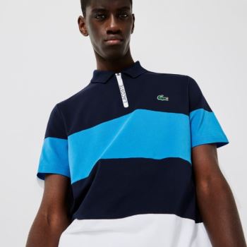 Lacoste SPORT Striped Stretch Piqué Zip-Up Golf Polo Shirt Pánské - Polo Tmavě Blankyt Blankyt / Bla